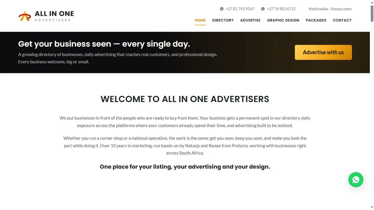 All In One Advertisers website homepage