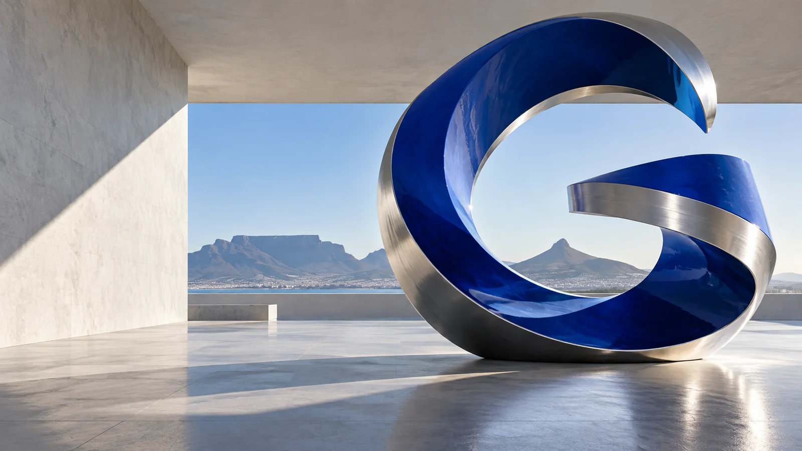 Original Glo Mgmt artwork: a blue and silver sculpture in a sunlit gallery overlooking Cape Town